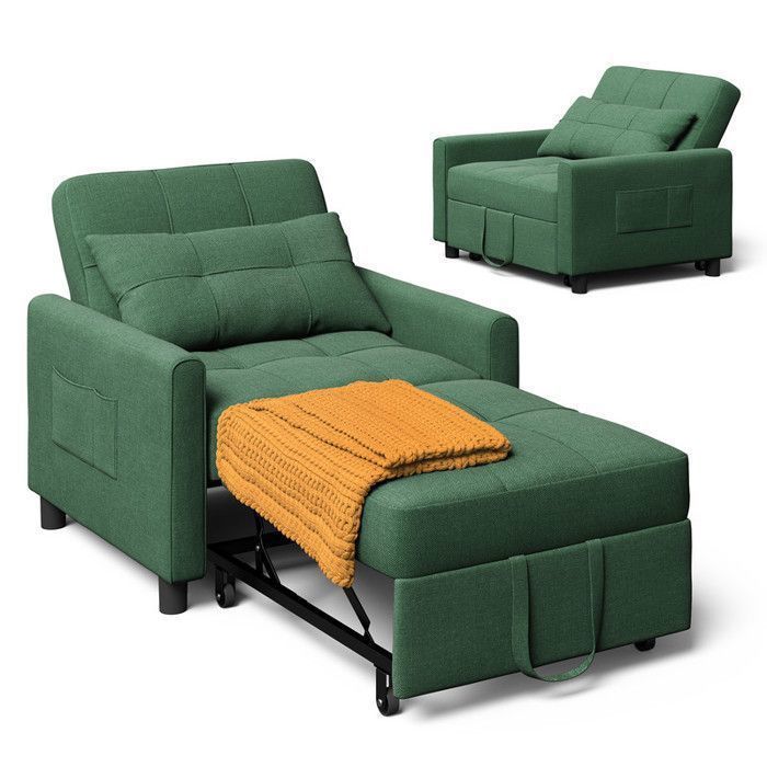 Fauteuil Convertible - Bealife - Fauteuil-lit - Canapé 1 Place - Lin Vert Menthe - Chaise Longue - Coussin - Réglable - Rangement