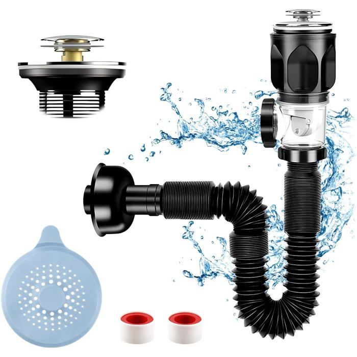 Kit De Vidange Lavabo Flexible - Siphon Avec Pop-up, Tuyau Extensible 420-935 Mm, Anti-odeurs