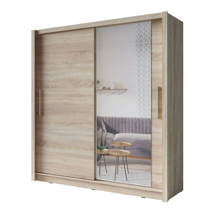 Armoire OZZULA 204 cm chêne clair avec miroir – 2 portes coulissantes Armoire OZZULA 204 cm chêne clair avec miroir – 2 portes coulissantes
