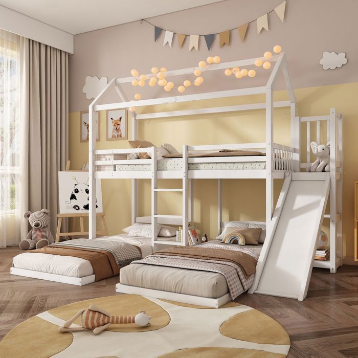 Lit superposé - SOGEU - Lit 90x200 cm avec toboggan et toit maison - Bois pin massif - Rangements intégrés
