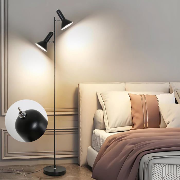 Amdelne Lampadaire de Lecture-Noire Vintage Métal 262cm 2x E27 60W Max Pour Salon/Chambre/Bureau Sans Ampoule