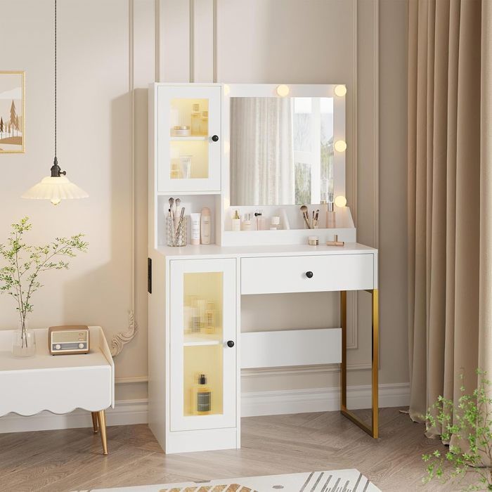 Bureau De Maquillage Niche Moderne Avec Miroir Lumineux LED - Blanc 40x50x40 Cm
