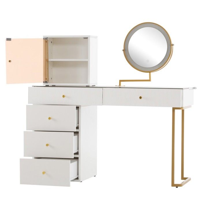 Coiffeuse avec Miroir Lumineux LED-Plateau Verre Trempé Clair-Design Vanité Moderne-Rangement Chambre Pratique sans Tabouret Coiffeuse avec Miroir Lumineux LED-Plateau Verre Trempé Clair-Design Vanité Moderne-Rangement Chambre Pratique sans Tabouret