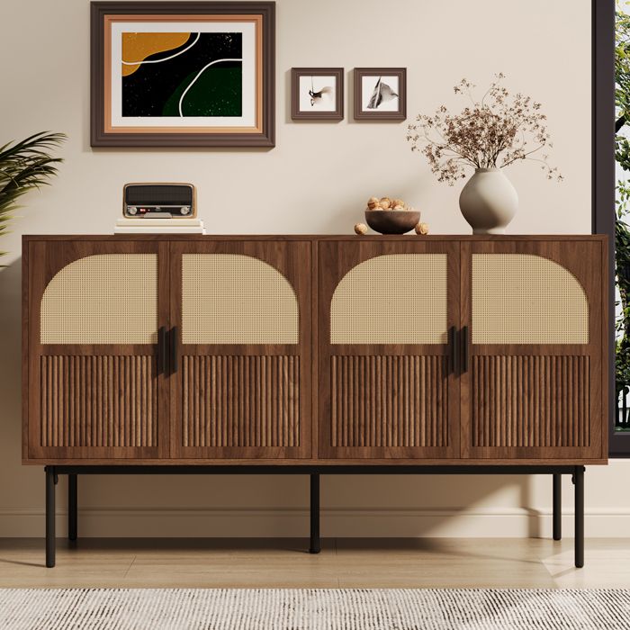Buffet Bahut 140cm - 4 Portes en Rotin Tissé - Charnières Silencieuses - Meuble de Rangement Salon/Entrée - Effet Noyer