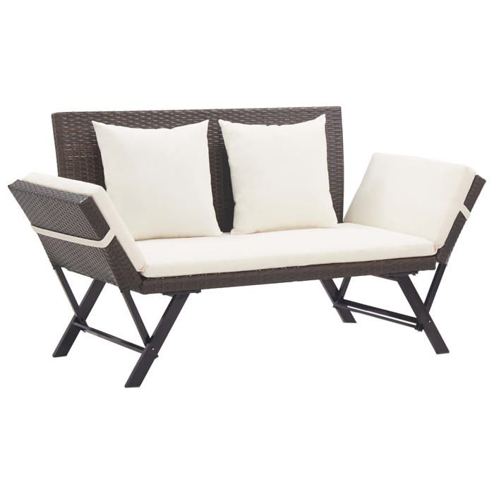 Banc de jardin en résine tressée - JILL - 176 cm - Rotin marron - Coussins blanc crème - Convertible 2 en 1