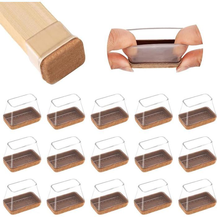 16PCS Protection Pied de Chaise Rectangulaire Patins pour Chaises en Silicone avec Feutre épaissi Protéger Le Sol PIED DE MEUBLE