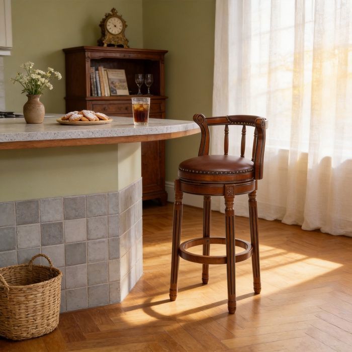Tabouret de Bar en Cuir de Vache Marron - Chaise Pivotante avec Finition Cloutée - En Bois Écologique - Stable - 55x55x96 cm