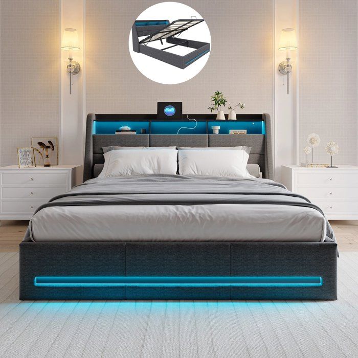 litcoffre 160 200 coffre lit 160 x 200 avec sommier lit adulte lit double avec LED réglable et chargement USB lin Gris foncé