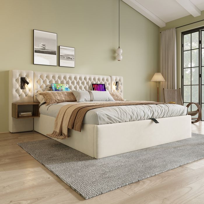 Lit double capitonné avec 2 tables de chevet 160 x 200 cm Lit Coffre avec lampe de lecture charge USB et rangement Velours Beige