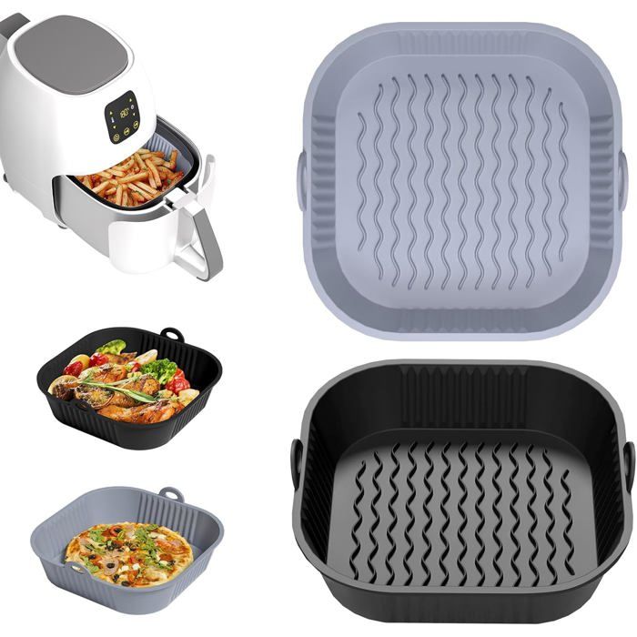 Moule Silicone Air Fryer Accessoires 5-8 L 2Pcs 21*20*7cm Plat Silicone Air Fryer Panier Moule Cuisine Réutilisable (Gris et Noir)