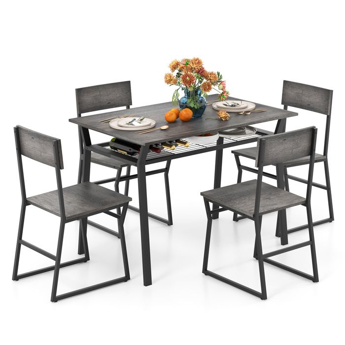 GIANTEX Ensemble de Table à Manger 5 Pièces- Table de Cuisine avec 4 Chaises- Cadre en Métal- Étagère de Rangement- Gris
