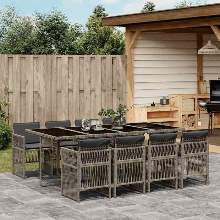 Ensemble à manger de jardin en résine tressée - vidaXL - 9 pièces - Coussins gris - Résistance aux UV
