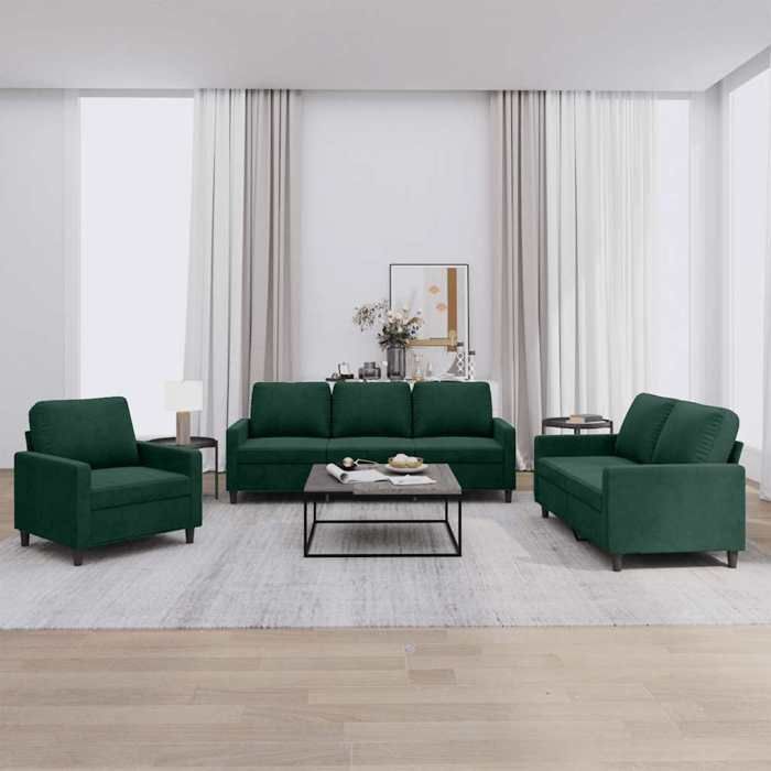 Ensemble de canapés en velours - vidaXL - 3 pièces - Vert foncé - Velours - Fauteuil - Canapé 2 places - Canapé 3 places
