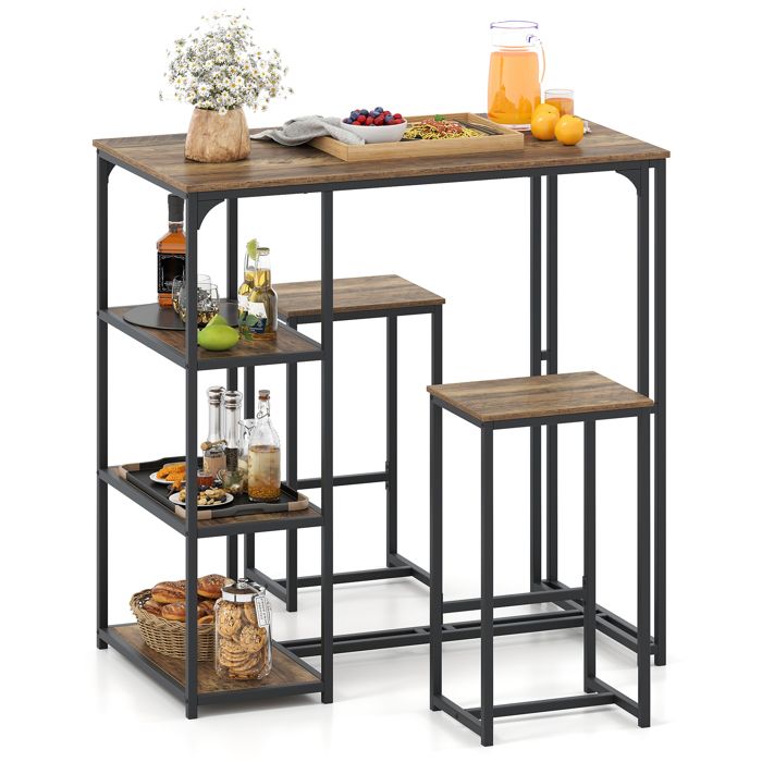 GIANTEX Ensemble de Table à Manger 3 Pièces- Table de Bar avec 2 Tabourets- 3 Étagères de Rangement- Cadre en Métal- Cuisine Salon