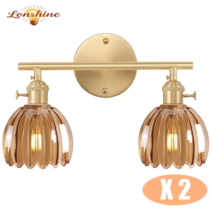 LONSHINE 2X Applique Mural Moderne en Verre Ambré en Forme de Fleur à 2 Têtes Ø12cm E27 Luminiare Intérieur Lampe Mural de Chevet