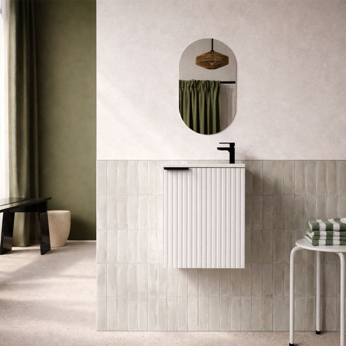 Ensemble meuble lave mains MDF ondulé blanc 40x50x22cm et miroir ovale - MILO