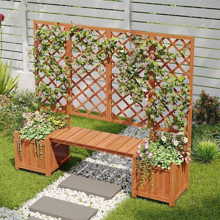 Bac à fleurs avec treillis - Memkey - 169 x 42 x 145 cm - Bois massif de sapin brun - Banc intégré