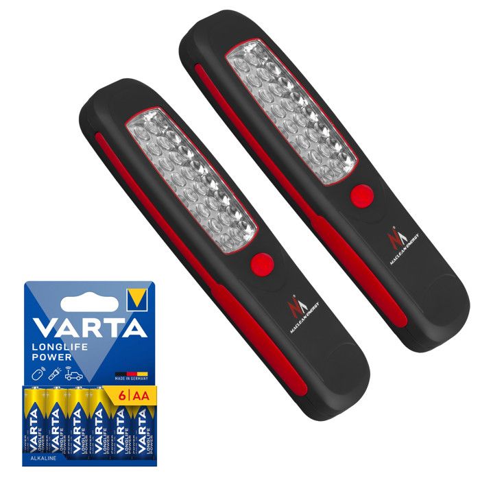 2 lampes torche de travail - MACLEAN - 24 LED - Aimant intégré - Crochet rotatif 360° + 6 piles R-06 R06 AA LR06 1 5 V VARTA