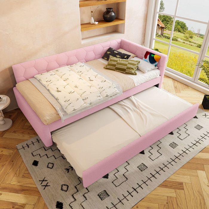 Lit de jour canapé-lit - avec sommier à lattes + lampe de chevet avec lit gigogne multifonctionnel port USB Type-C rose 90x200cm