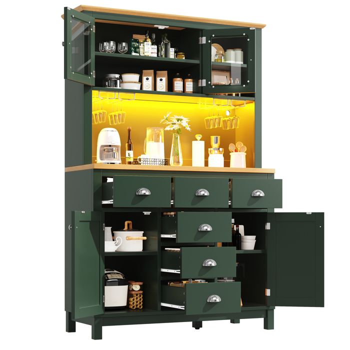 Buffet de cuisine - Armoire 104×40×180 cm - 4 portes & 6 tiroirs - Bande LED contrôlable par app - Vert