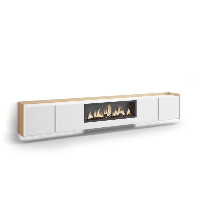 Meuble TV 315x35x50cm Avec cheminée électrique XXL au centre Suspendu Mural LED Blanc et Chêne Soft RF4786 Meuble TV 315x35x50cm Avec cheminée électrique XXL au centre Suspendu Mural LED Blanc et Chêne Soft RF4786