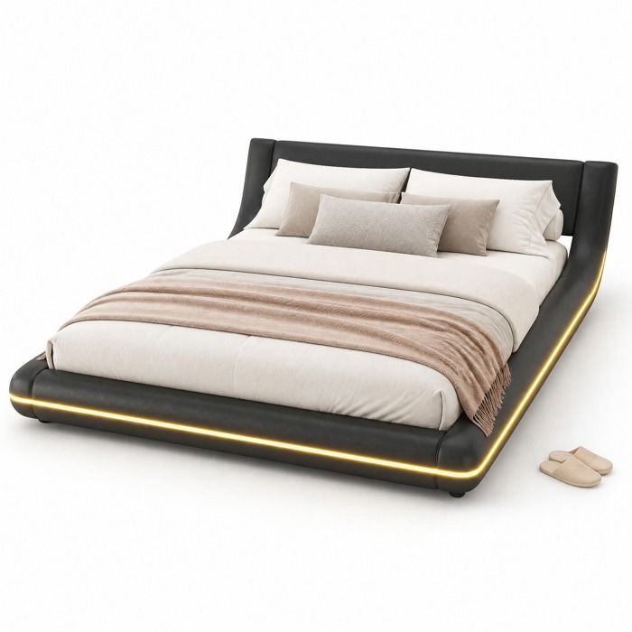 Lit plateforme Double 140×200 cm LED 12 lattes 220 kg - BEAUNIV - sans matelas PU noir