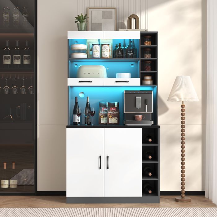 Buffet cuisine bois blanc gris 100x47x187 cm avec LED et trous câbles espace micro-ondes réglable
