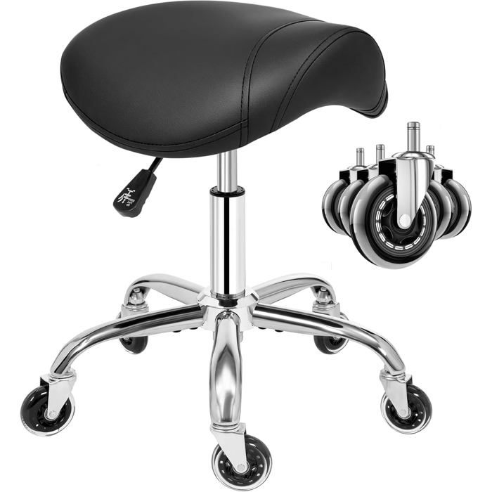 Tabouret pivotant 360° à roulettes hauteur réglable selle ergonomique à siège large en cuir épais