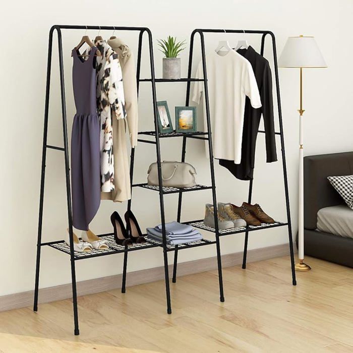 JELUTE Portant Penderie à Vêtements en Métal avec Étagères de Chaussures Noir Noir PENDERIE SOUPLE
