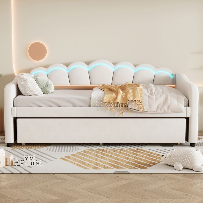Lit banquette - KOMHTOM - 90x200 - Coffre de rangement - Sommier métallique à lattes - LED dambiance - Beige Lit banquette - KOMHTOM - 90x200 - Coffre de rangement - Sommier métallique à lattes - LED dambiance - Beige