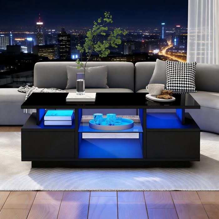 Table basse LED 100 x 50 x 36 cm noire brillante 2 tiroirs niche ouverte étagère verre USB salon moderne chic pratique déco