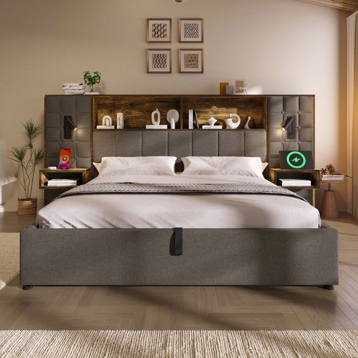 Lit coffre 180x200cm lit capitonné éclairage LED et 2 liseuses 2 tables de chevet intégrées USB-C lin sommier à lattes gris