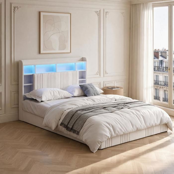 Lit Hydraulique 160x200 cm avec coffre de rangement Lit double avec tête de lit LED et USB Lit adulte 2 personnes Blanc