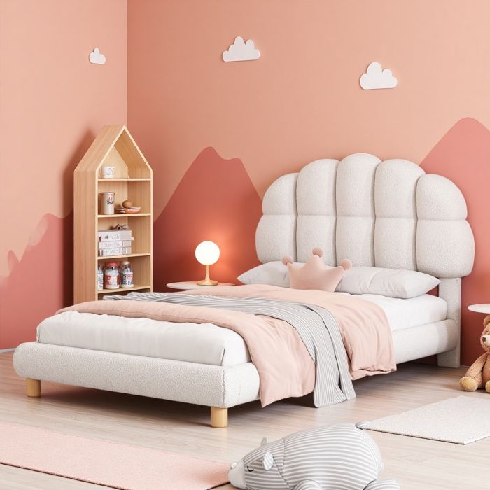 Lit Simple Enfant 90x200 cm Lit Capitonné à Tête de Lit Nuage avec Lattes en Bois Design Doux pour Chambre d’Enfant Blanc