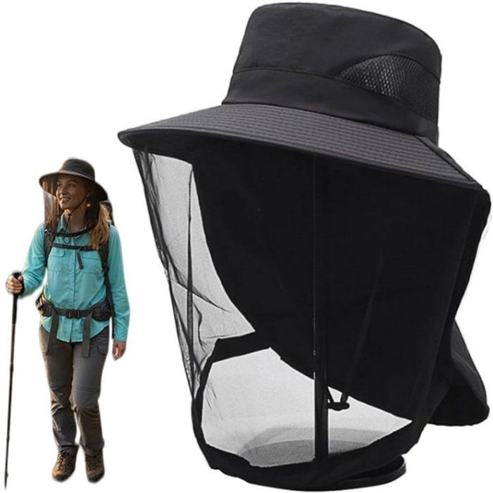 Chapeau anti-moustiques avec moustiquaire bord large respirant pliable pour randonnée camping pêche noir