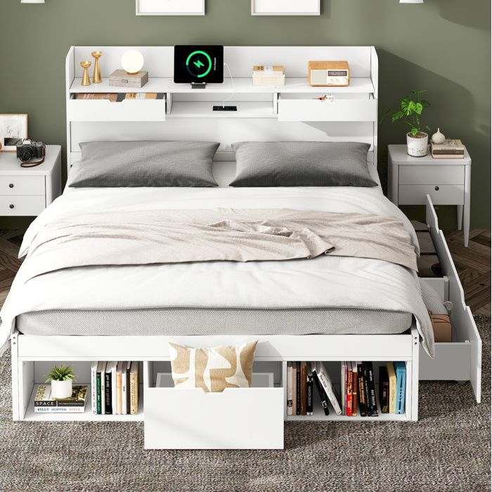 COVREO Lit combiné 140x200 cm blanc avec USB port Type-C tiroirs et rangements sommier inclus