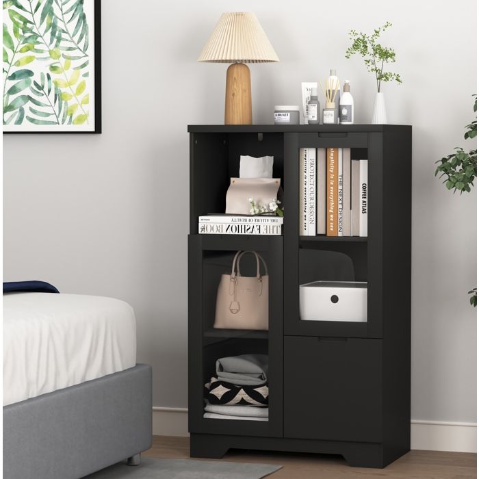 Buffet Haut 2 Portes Vitrées 1 Tiroir et 2 Niches Ouvertes - BEAUNIV - MDF Laqué Noir pour Salon 65×30×100 cm