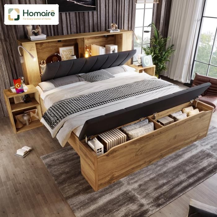 Cadre de lit avec rangement lampe de lecture port USB et tables de nuit cadre en fer design en bois HOMAIRE