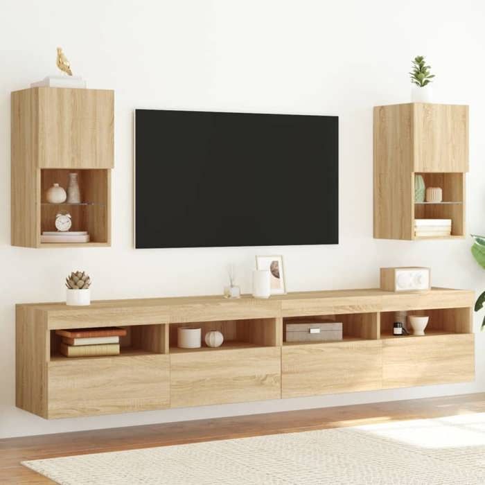 Lot de 2 Meubles TV avec Lumières à LED - vidaXL - bois dingénierie et verre - chêne sonoma - 305 x 30 x 60 cm@obe76j