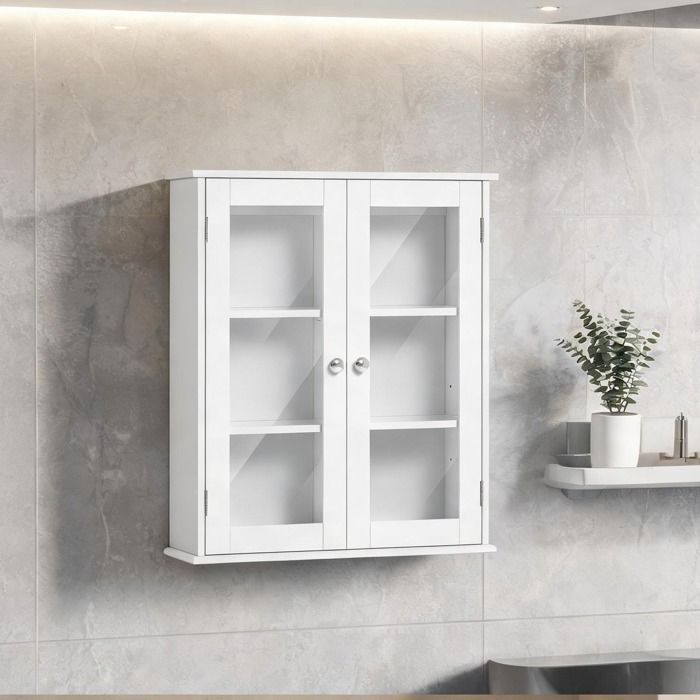 Meuble haut de salle de bain 55 x 20 x 65 cm avec 2 portes vitrées et étagère réglable MDF blanc
