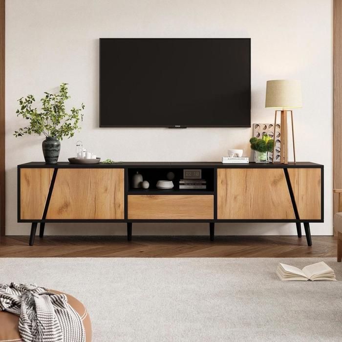 Meuble TV - KOMHTOM - 180x40x46 cm - 2 portes 1 tiroir - Push-to-open - Noir et bois Meuble TV - KOMHTOM - 180x40x46 cm - 2 portes 1 tiroir - Push-to-open - Noir et bois