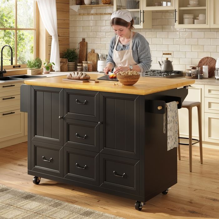 Îlot de Cuisine Mobile 120x73 (45)x93cm sur roulettes-Chariot avec Tiroirs et Armoires-Plan de Travail en Bois- Rangement (Noir)
