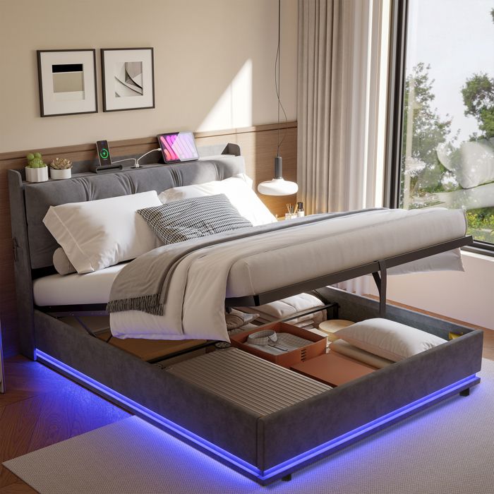 Lit coffre - URBANLUXE - 140 x 190 cm - Velours gris - Sommier à lattes - Coffre hydraulique LED