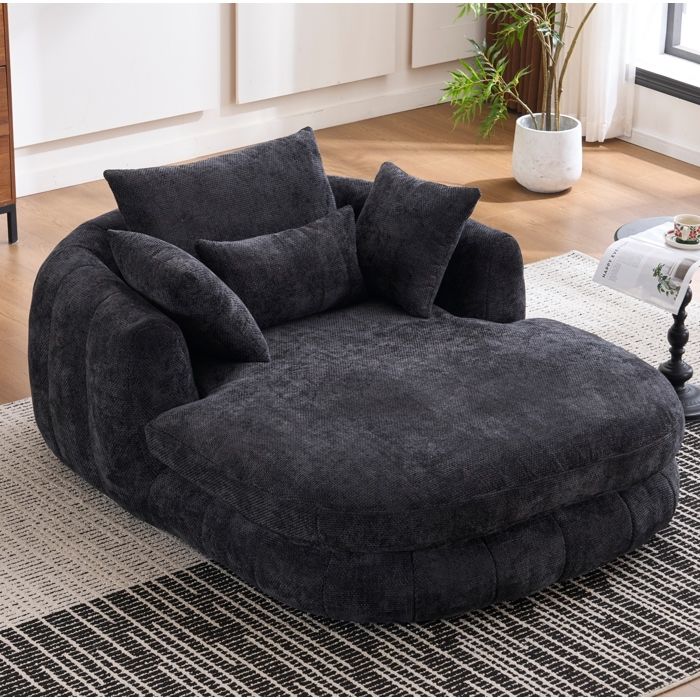 WUVRIE Chaise longue d’intérieur en chenille noire grand format sans montage coussins inclus