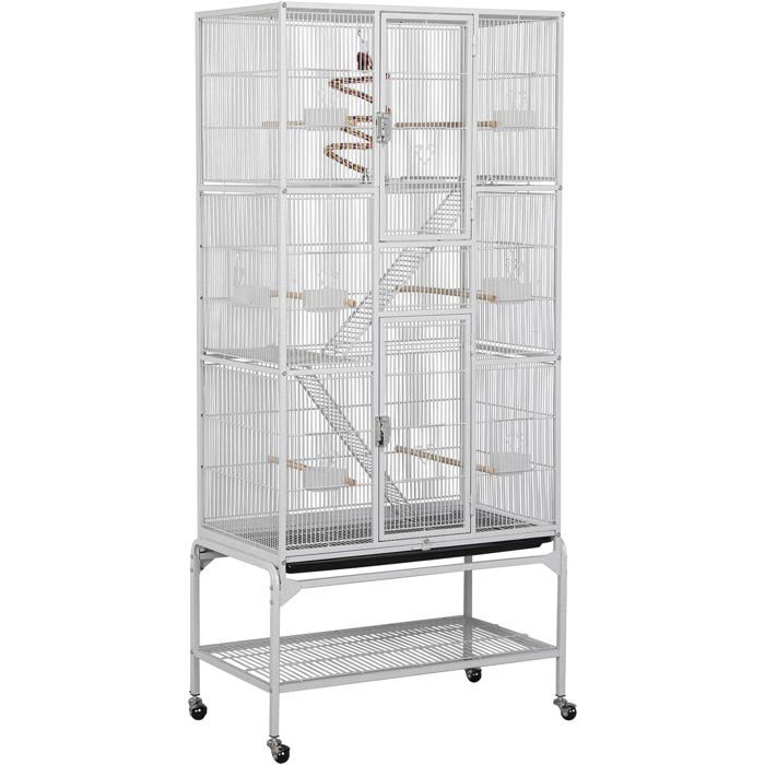 Volière oiseaux intérieure sur roulettes - cage pour perroquet en métal blanc dimensions 77x46x175 5 cm