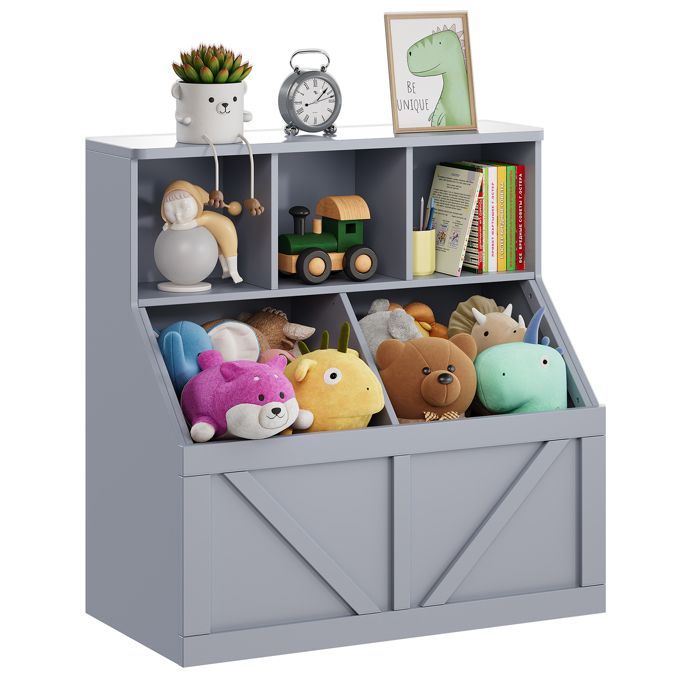 Bibliothèque enfant multifonction – Étagères avec grand bac de rangement – Idéale chambre salle de jeux crèche – Gris pur