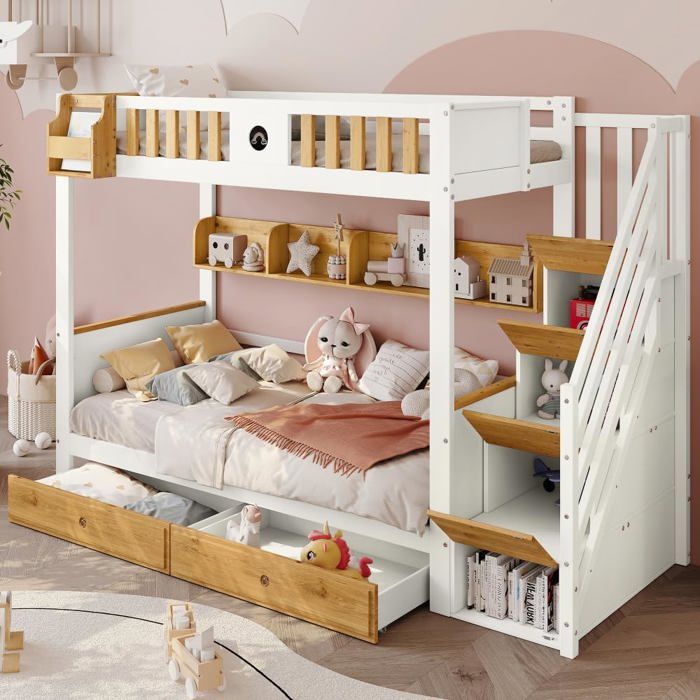 Lit superposé Avec escalier de rangement 4 tiroirs+bureau et barrière anti-chute en bois de pin blanc et naturel 90x200cm