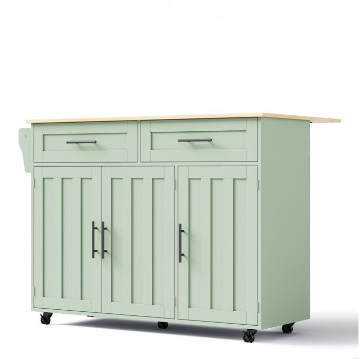 Îlot de cuisine mobile - Vert antique - Plateau bois clair - Pliable - 2 tiroirs - 3 portes