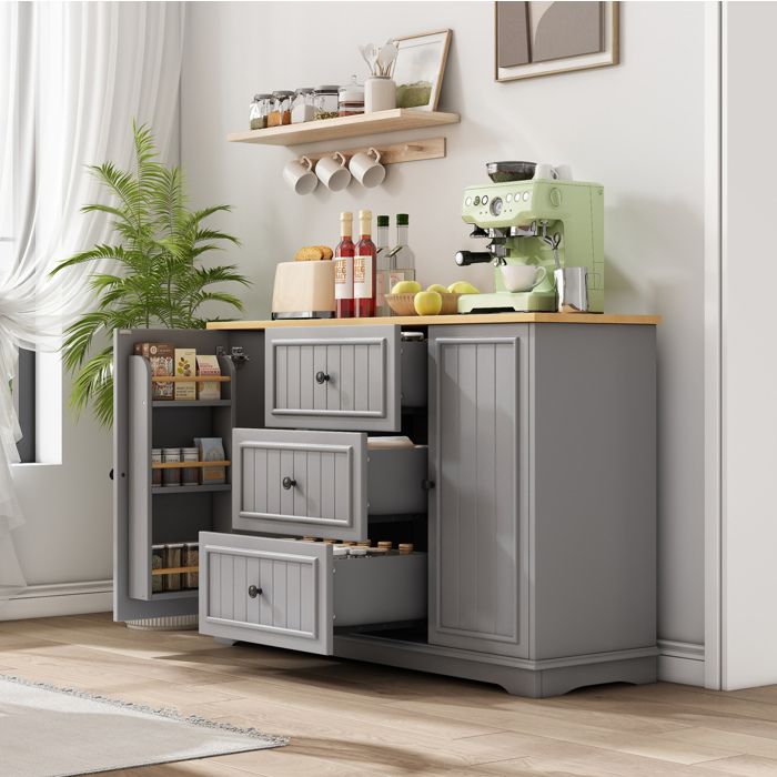 Buffet bas gris MDF 3 tiroirs 2 portes avec étagères réglables 126 cm montage en 2 h JOINERY