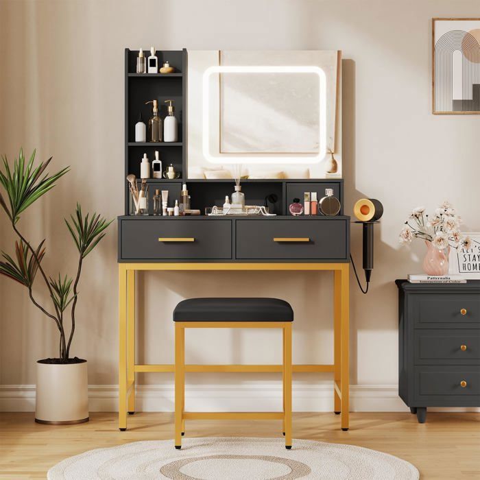 Coiffeuse Rangement 4 Tiroirs – Miroir LED Réglable Étagères Ouvertes Prises/USB Tabouret Inclus Noir/Or 80x40x138cm